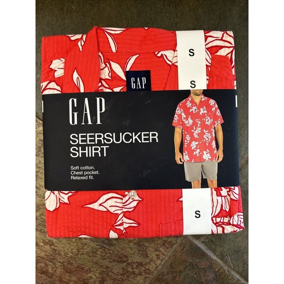 Gap Men Short Sleeve Seersucker Shirt S Cayenne Flower Fill New Red Relaxed - Picture 2 of 12